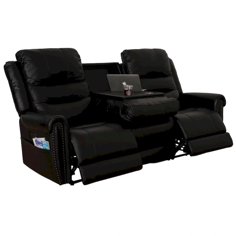 Genuine Leather Black Power Recliner Sofa, Loveseat, Recliner With Adjustable Headrest and Extendable Footrest 21