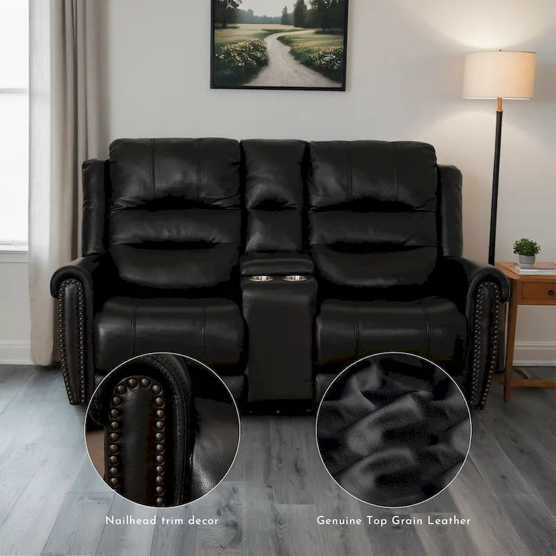 Genuine Leather Black Power Recliner Sofa, Loveseat, Recliner With Adjustable Headrest and Extendable Footrest 24