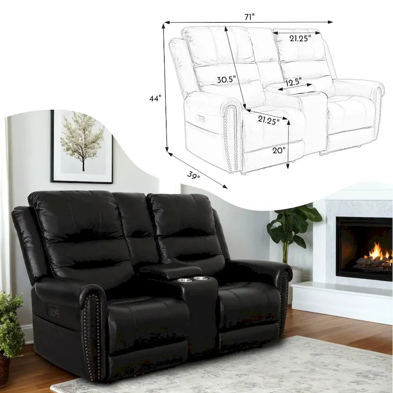 Genuine Leather Black Power Recliner Sofa, Loveseat, Recliner With Adjustable Headrest and Extendable Footrest 25