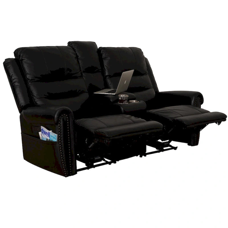 Genuine Leather Black Power Recliner Sofa, Loveseat, Recliner With Adjustable Headrest and Extendable Footrest 27