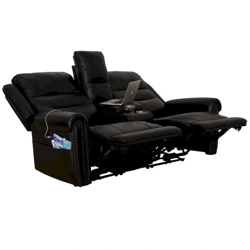 Genuine Leather Black Power Recliner Sofa, Loveseat, Recliner With Adjustable Headrest and Extendable Footrest 28