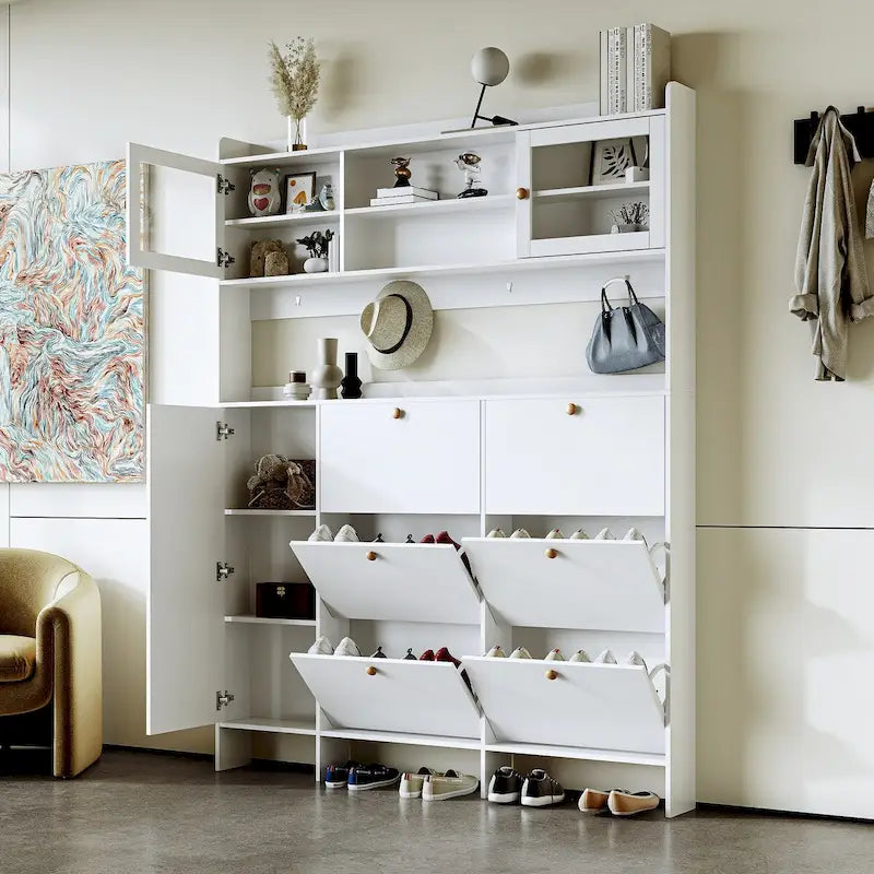 Shoe Cabinet with Storage Shelf & 6 Flip Drawers,Large Hall Tree with Tempered Glass Doors, Elegant Foyer Cabinet with 4 Hooks 19