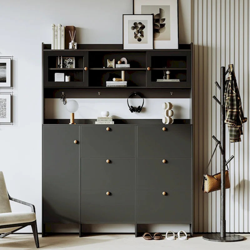 Shoe Cabinet with Storage Shelf & 6 Flip Drawers,Large Hall Tree with Tempered Glass Doors, Elegant Foyer Cabinet with 4 Hooks 3