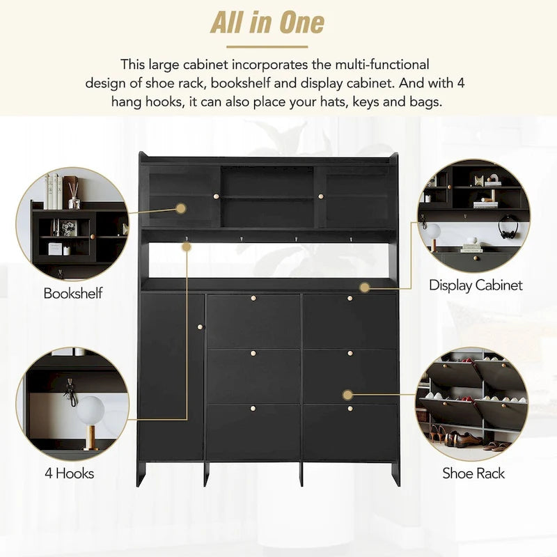 Shoe Cabinet with Storage Shelf & 6 Flip Drawers,Large Hall Tree with Tempered Glass Doors, Elegant Foyer Cabinet with 4 Hooks 4