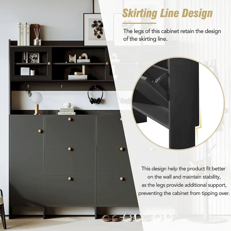 Shoe Cabinet with Storage Shelf & 6 Flip Drawers,Large Hall Tree with Tempered Glass Doors, Elegant Foyer Cabinet with 4 Hooks 5