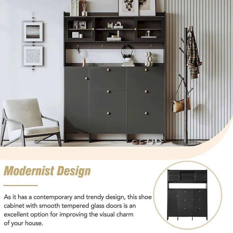 Shoe Cabinet with Storage Shelf & 6 Flip Drawers,Large Hall Tree with Tempered Glass Doors, Elegant Foyer Cabinet with 4 Hooks 6