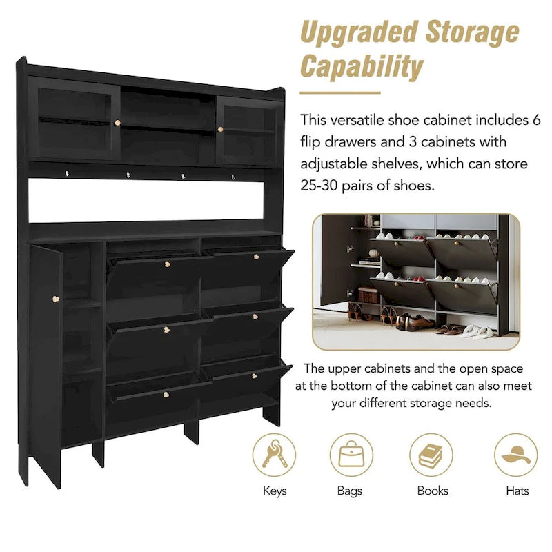 Shoe Cabinet with Storage Shelf & 6 Flip Drawers,Large Hall Tree with Tempered Glass Doors, Elegant Foyer Cabinet with 4 Hooks 7