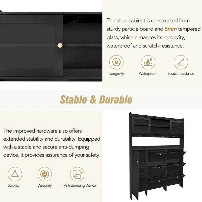 Shoe Cabinet with Storage Shelf & 6 Flip Drawers,Large Hall Tree with Tempered Glass Doors, Elegant Foyer Cabinet with 4 Hooks 8