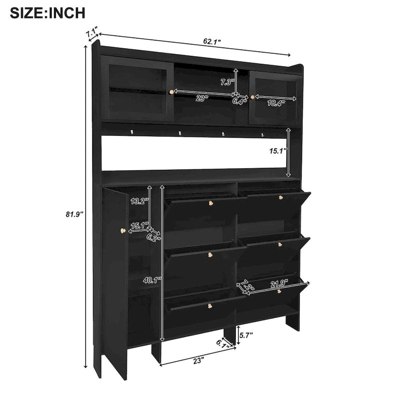 Shoe Cabinet with Storage Shelf & 6 Flip Drawers,Large Hall Tree with Tempered Glass Doors, Elegant Foyer Cabinet with 4 Hooks 9