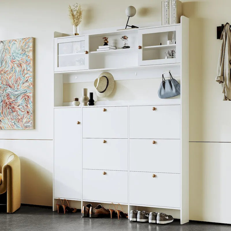 Shoe Cabinet with Storage Shelf & 6 Flip Drawers,Large Hall Tree with Tempered Glass Doors, Elegant Foyer Cabinet with 4 Hooks 11