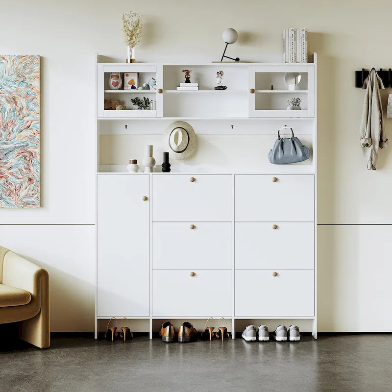 Shoe Cabinet with Storage Shelf & 6 Flip Drawers,Large Hall Tree with Tempered Glass Doors, Elegant Foyer Cabinet with 4 Hooks 12