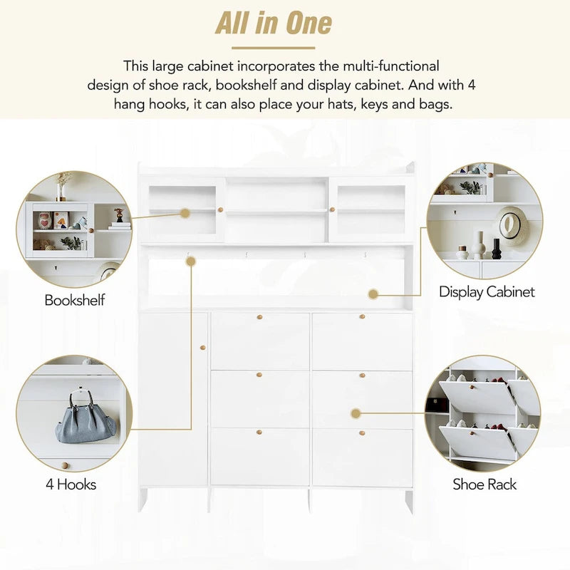 Shoe Cabinet with Storage Shelf & 6 Flip Drawers,Large Hall Tree with Tempered Glass Doors, Elegant Foyer Cabinet with 4 Hooks 13