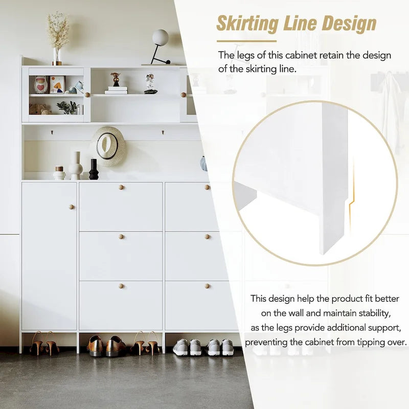 Shoe Cabinet with Storage Shelf & 6 Flip Drawers,Large Hall Tree with Tempered Glass Doors, Elegant Foyer Cabinet with 4 Hooks 14