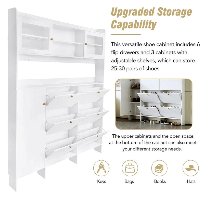 Shoe Cabinet with Storage Shelf & 6 Flip Drawers,Large Hall Tree with Tempered Glass Doors, Elegant Foyer Cabinet with 4 Hooks 16
