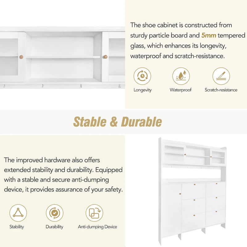 Shoe Cabinet with Storage Shelf & 6 Flip Drawers,Large Hall Tree with Tempered Glass Doors, Elegant Foyer Cabinet with 4 Hooks 17