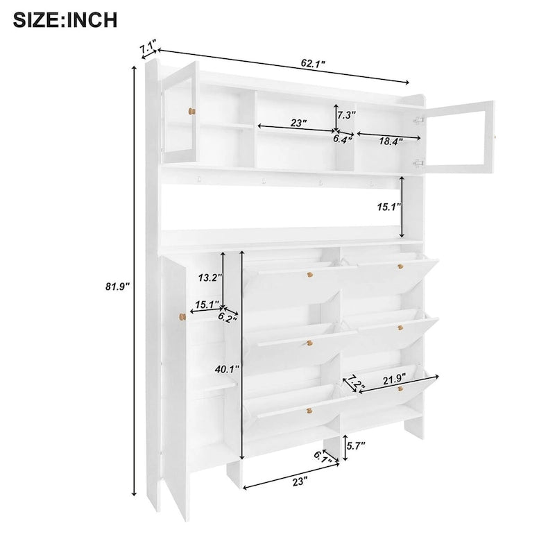 Shoe Cabinet with Storage Shelf & 6 Flip Drawers,Large Hall Tree with Tempered Glass Doors, Elegant Foyer Cabinet with 4 Hooks 18