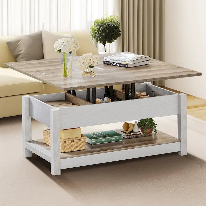 Moasis Farmhouse Lift Top Coffee Table Expandable Tabletop with Hidden Storage and Shelf for Living Room 19