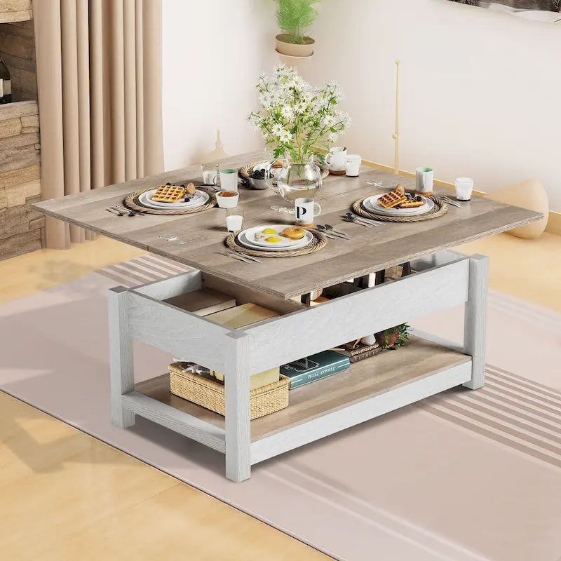 Moasis Farmhouse Lift Top Coffee Table Expandable Tabletop with Hidden Storage and Shelf for Living Room 2