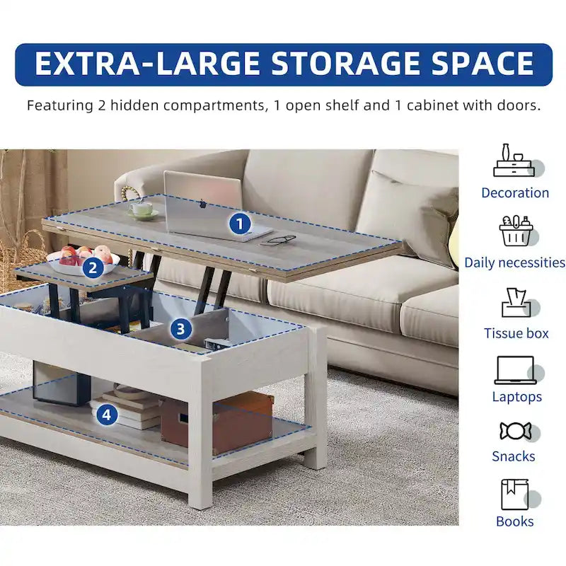 Moasis Farmhouse Lift Top Coffee Table Expandable Tabletop with Hidden Storage and Shelf for Living Room 3