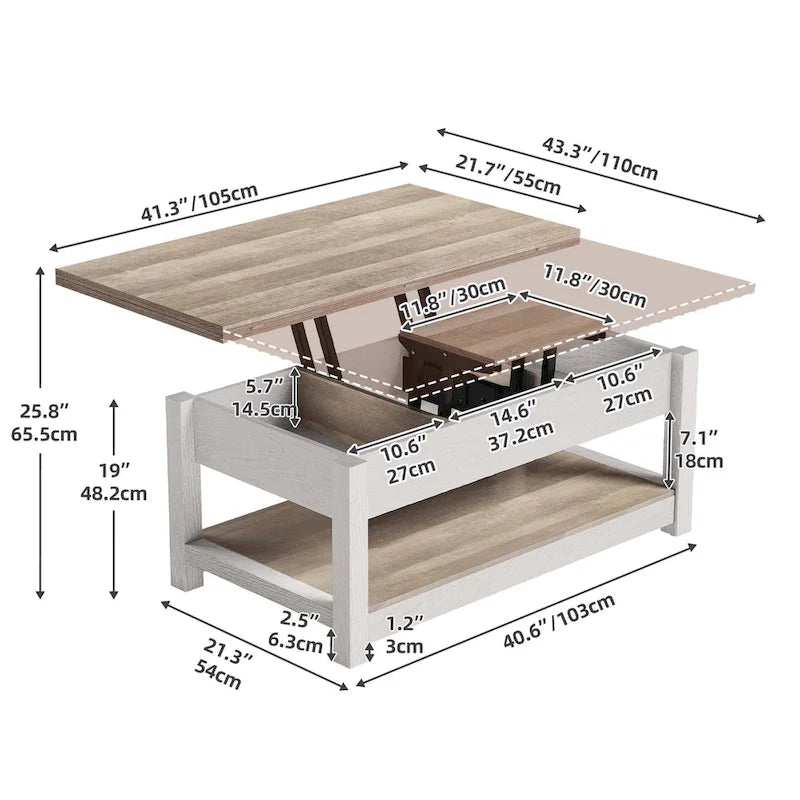Moasis Farmhouse Lift Top Coffee Table Expandable Tabletop with Hidden Storage and Shelf for Living Room 6
