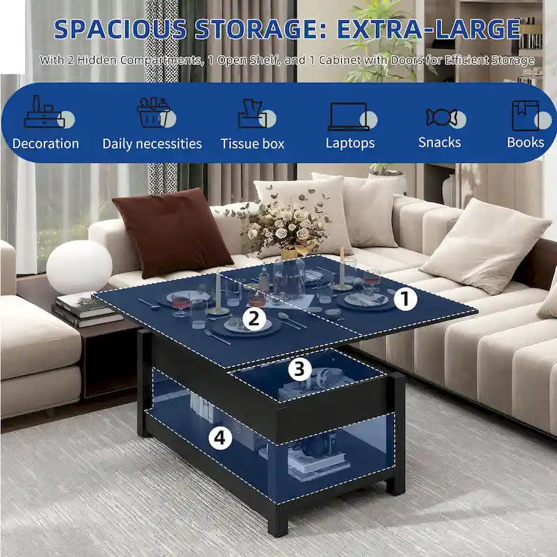 Moasis Farmhouse Lift Top Coffee Table Expandable Tabletop with Hidden Storage and Shelf for Living Room 8