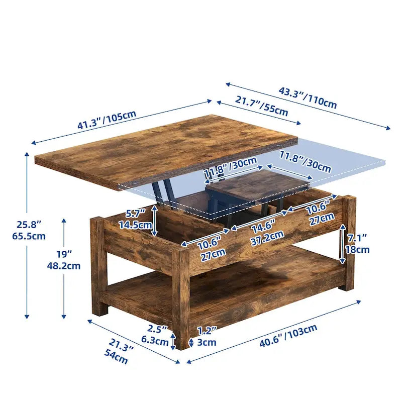 Moasis Farmhouse Lift Top Coffee Table Expandable Tabletop with Hidden Storage and Shelf for Living Room 17