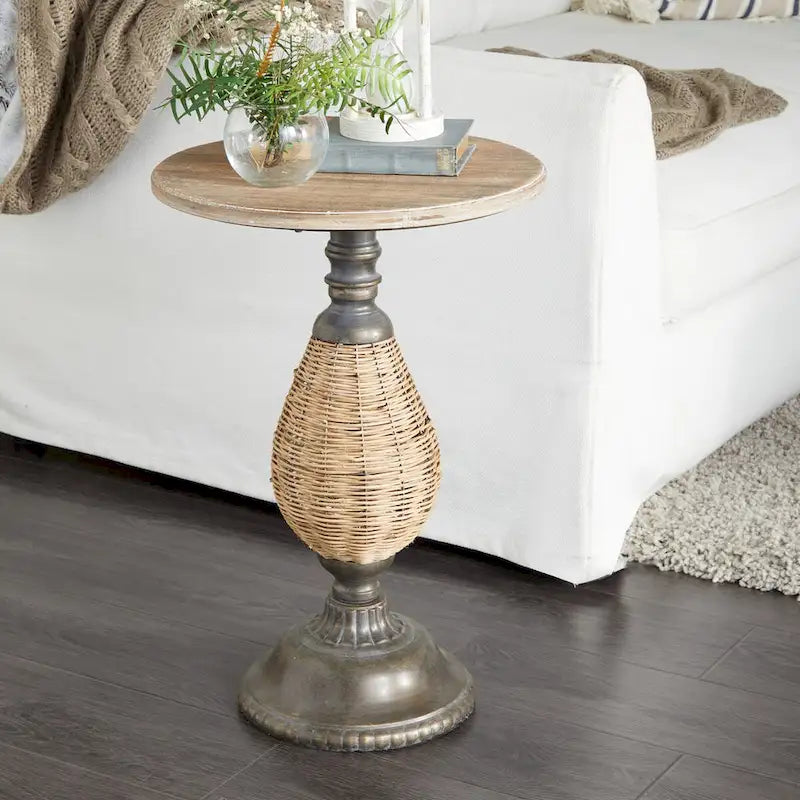 Tavolino d'appoggio in legno con base in metallo nero e rattan - Marrone o bianco - Roche River Decor