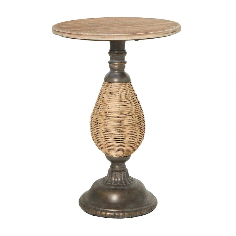 Wood Accent Table with Black Metal and Rattan Base - Brown or White - Roche River Decor 3