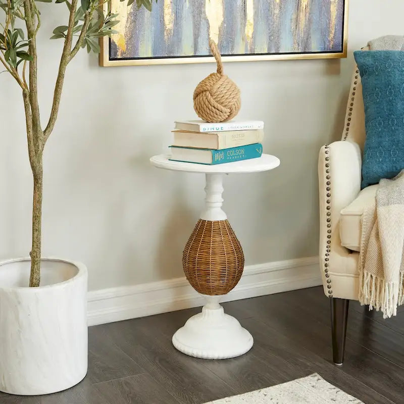 Wood Accent Table with Black Metal and Rattan Base - Brown or White - Roche River Decor 7