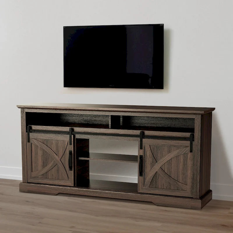 68 Walnut Sliding Barn Door TV Stand Console with Storage Open Compartment 3