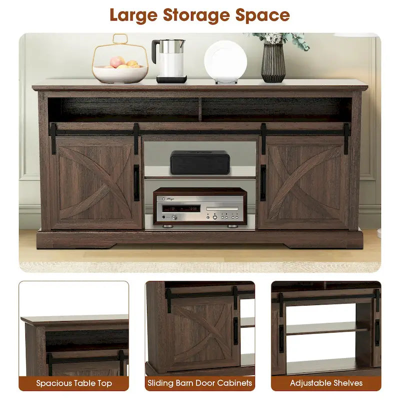68 Walnut Sliding Barn Door TV Stand Console with Storage Open Compartment 5