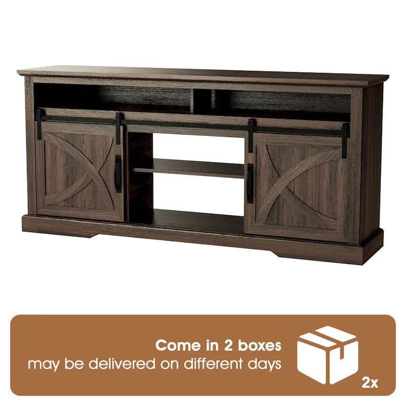 68 Walnut Sliding Barn Door TV Stand Console with Storage Open Compartment 6