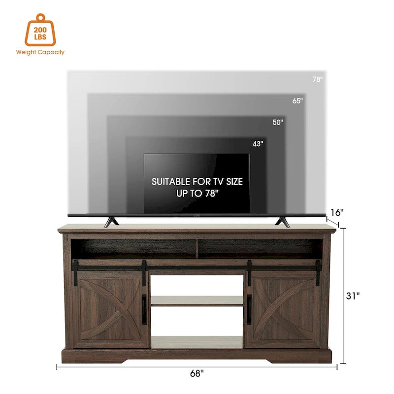 68 Walnut Sliding Barn Door TV Stand Console with Storage Open Compartment 7