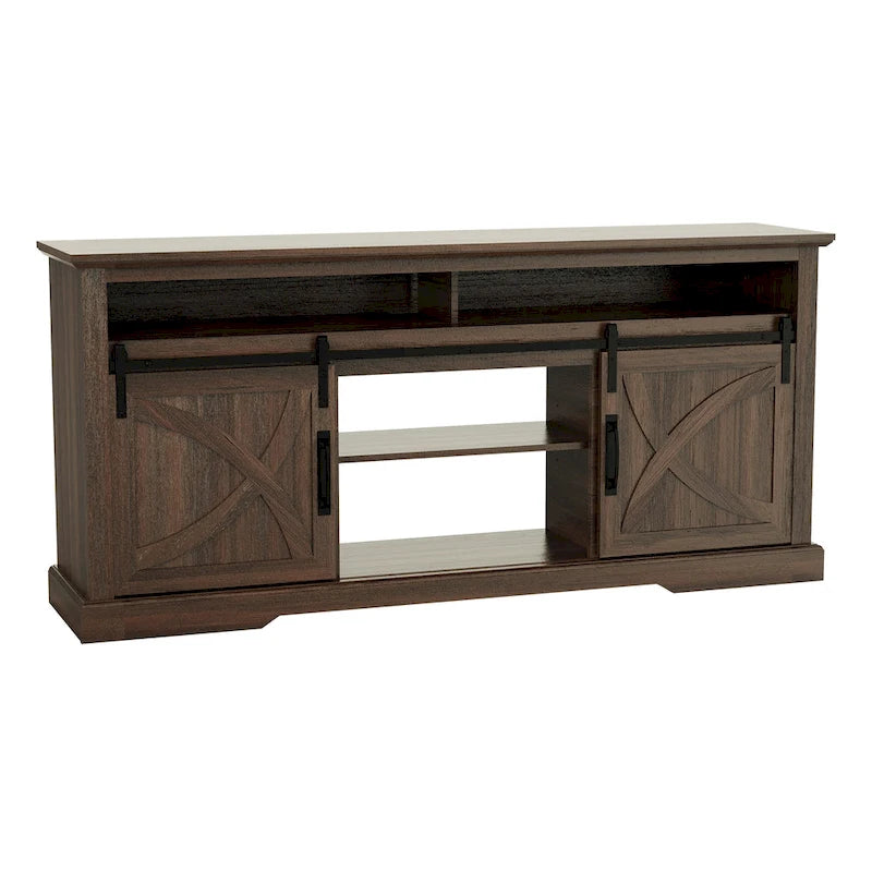 68 Walnut Sliding Barn Door TV Stand Console with Storage Open Compartment 9