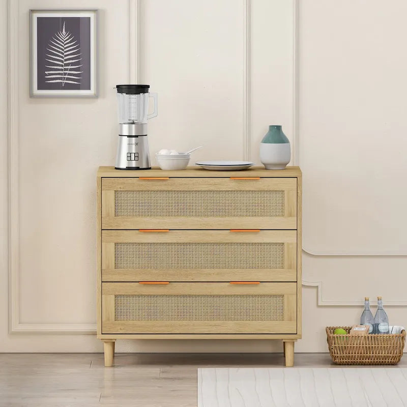 Oak 3-drawers Rattan Storage Cabinet - 31.5L x 15.55W x 30.12H 6