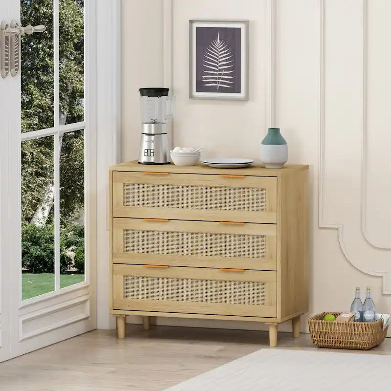 Oak 3-drawers Rattan Storage Cabinet - 31.5L x 15.55W x 30.12H 7