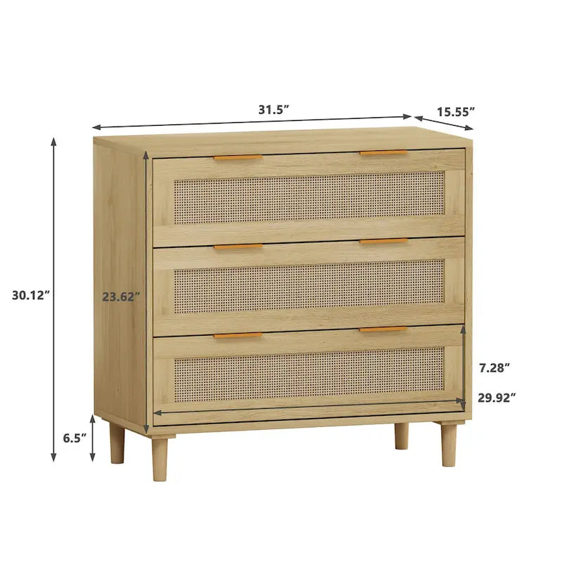 Oak 3-drawers Rattan Storage Cabinet - 31.5L x 15.55W x 30.12H 8