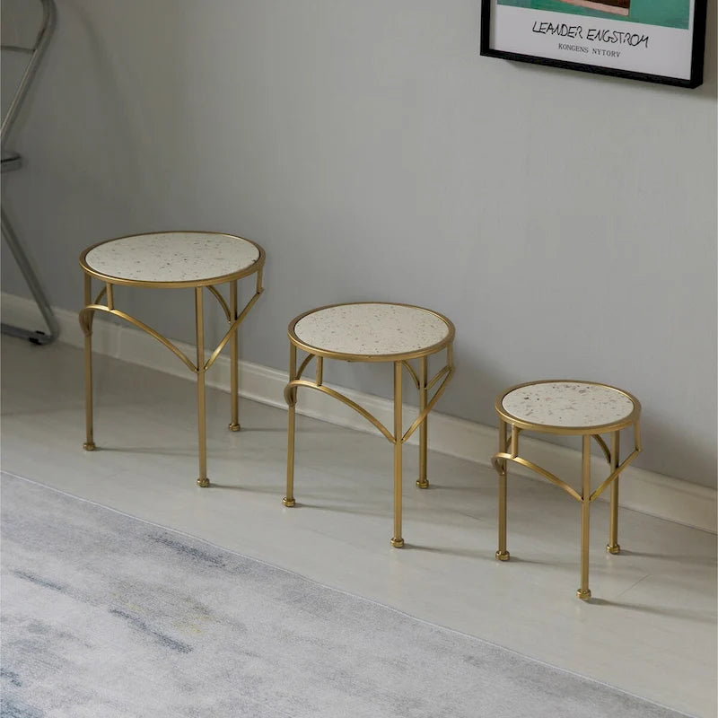 Decorative Gold Metal Round Plant Stand, Modern White Marble Look Top Display End Side Table, Set of 3 - Set of 3 5