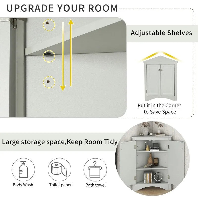 Corner Triangle Bathroom Storage Cabinet with Adjustable Shelves, Freestanding Floor Cabinet, Accent Cabinet for Living Room 8