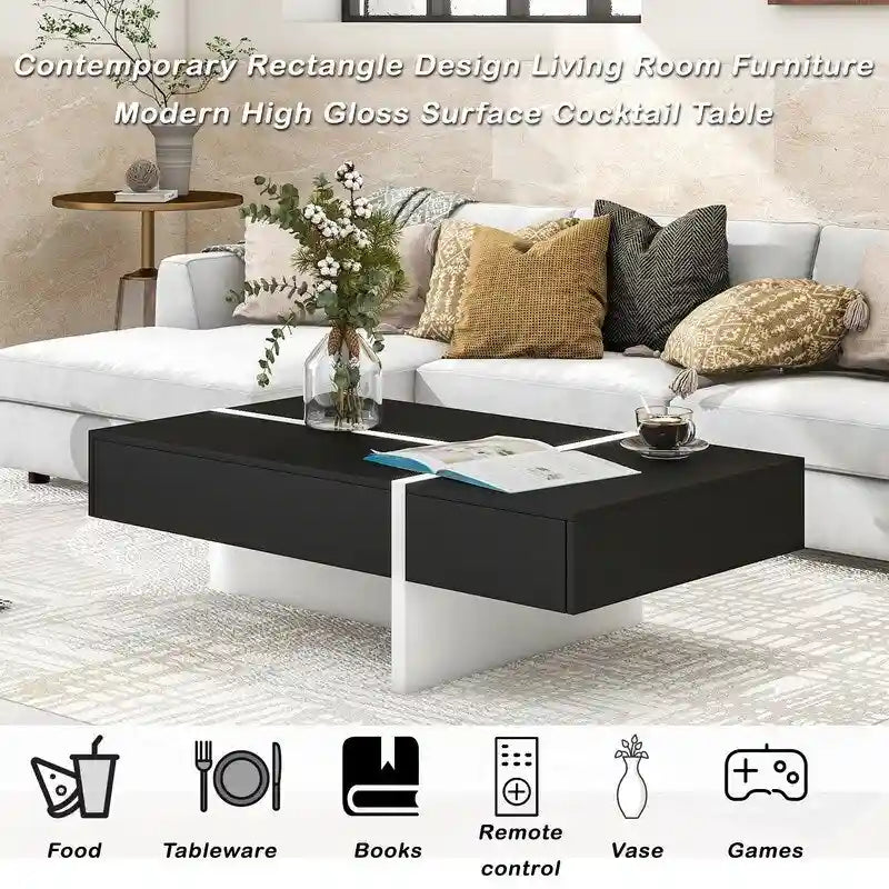 Modern Simple Rectangle Coffee Table Living Room Furniture, High Gloss Surface Cocktail Table, Center Table for Sofa 11
