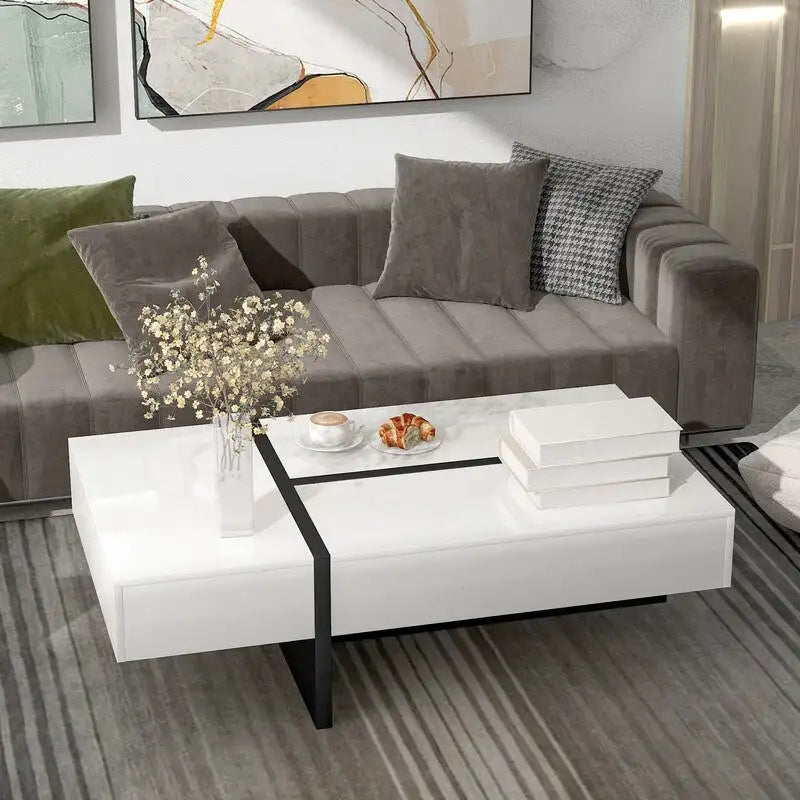 Modern Simple Rectangle Coffee Table Living Room Furniture, High Gloss Surface Cocktail Table, Center Table for Sofa 14