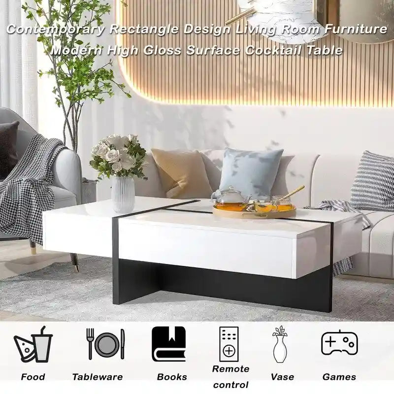 Modern Simple Rectangle Coffee Table Living Room Furniture, High Gloss Surface Cocktail Table, Center Table for Sofa 21
