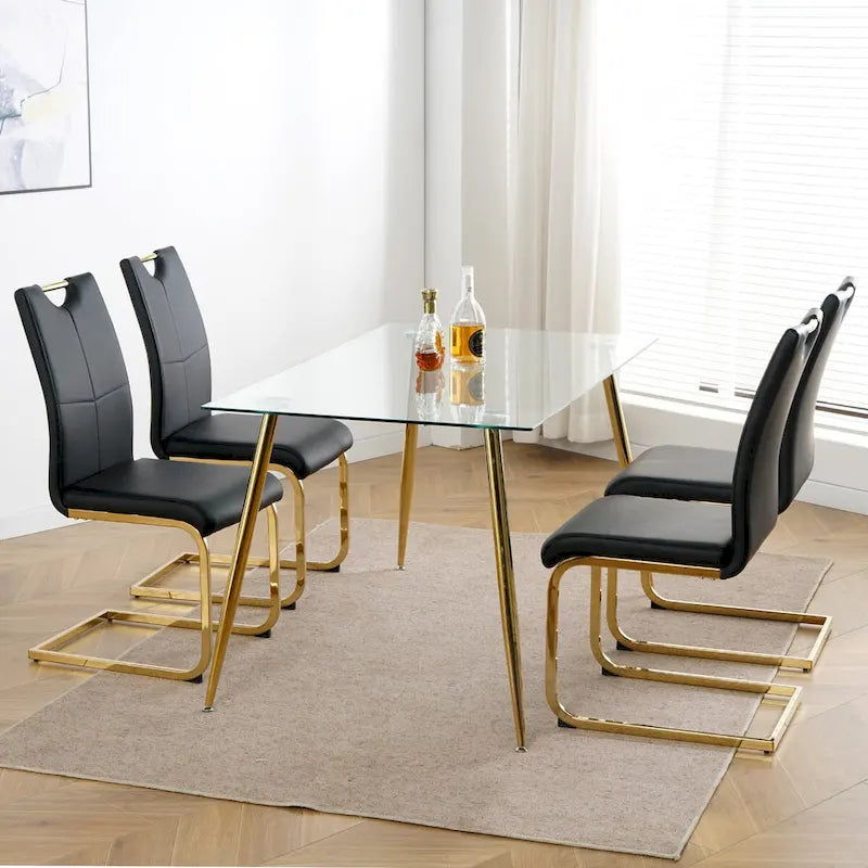 Set of 4 Modern Faux Leather Padded Seat Dining Chairs with gold Metal Legs 10