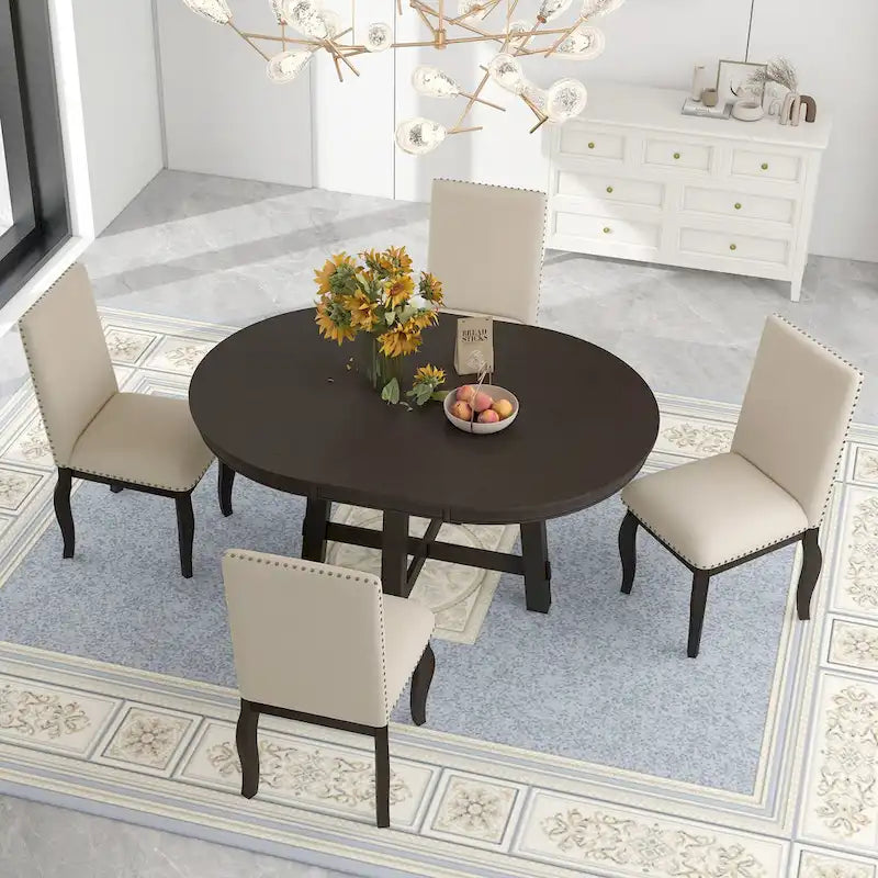 Set da pranzo da 5 pezzi con tavolo da pranzo rotondo allungabile e sedie 3