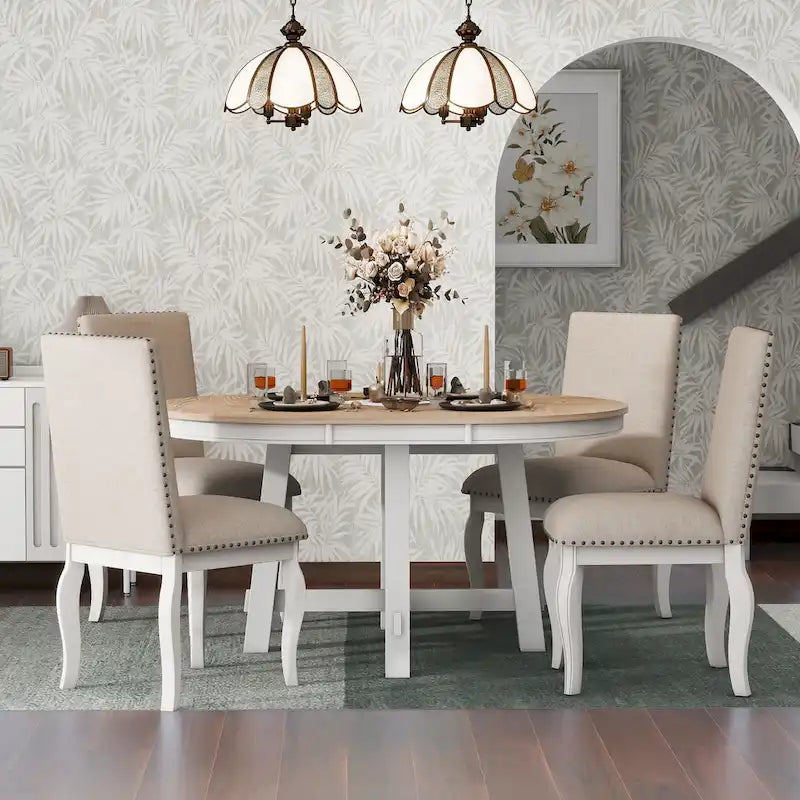 Set da pranzo da 5 pezzi con tavolo da pranzo rotondo allungabile e sedie 14