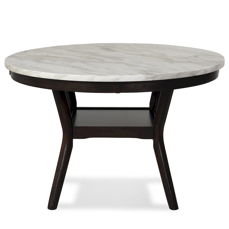 Kate 47 Inch Round Dining Table with Faux Marble Top, White and Brown 3