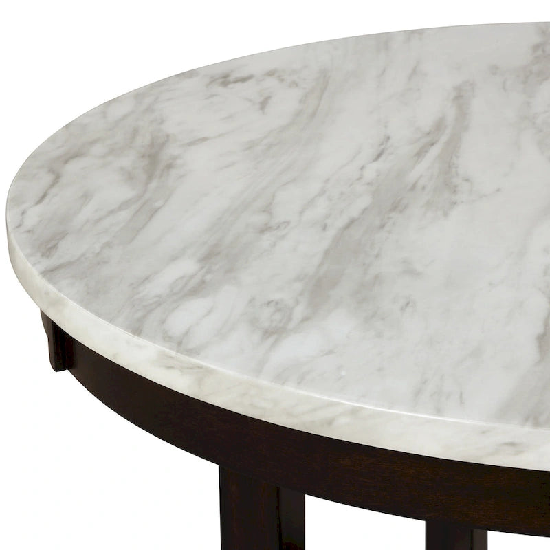 Kate 47 Inch Round Dining Table with Faux Marble Top, White and Brown 4