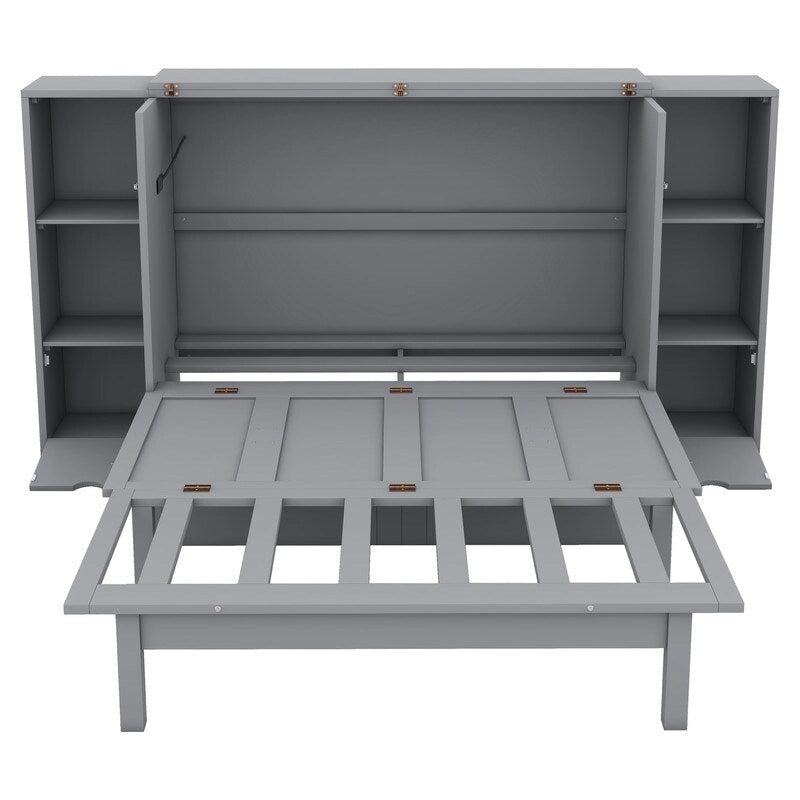 Full Size Wooden Murphy Bed with Shelves, Drawers and USB Ports 3