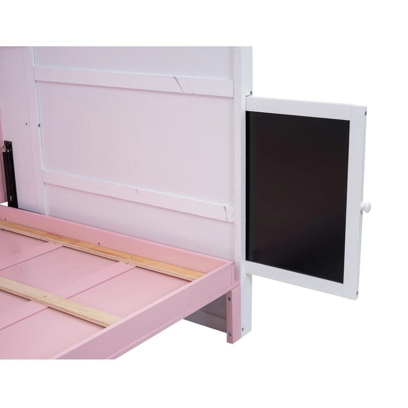 Wood Full Size House Murphy Bed with USB, Storage Shelves and Blackboard, Pink+White 3