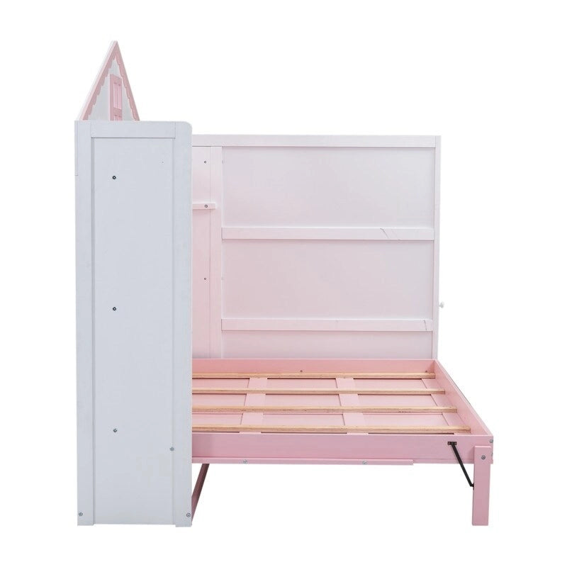 Wood Full Size House Murphy Bed with USB, Storage Shelves and Blackboard, Pink+White 4